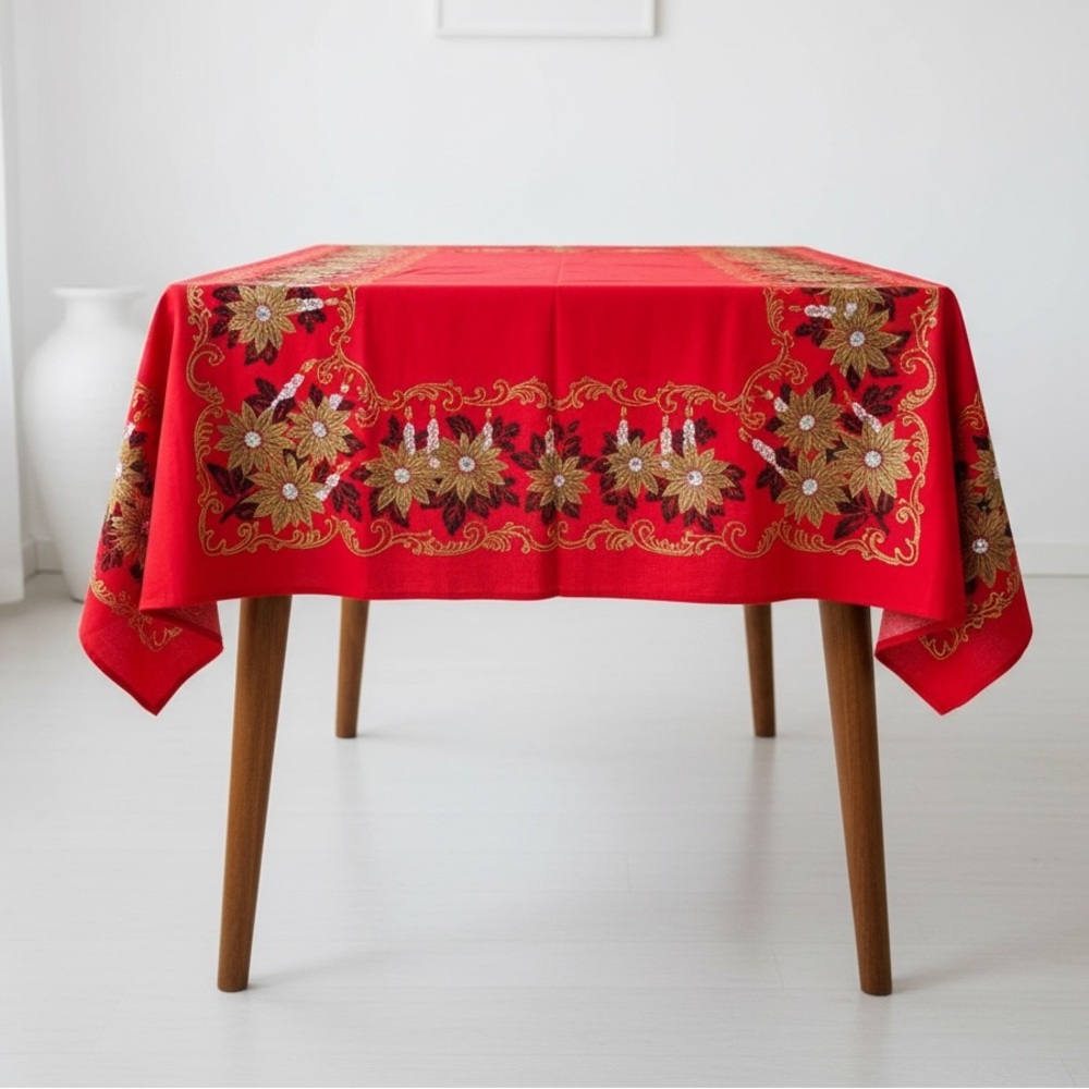 Parisian Prints Vintage Christmas Tablecloth Red Christmas Mid-Century Modern